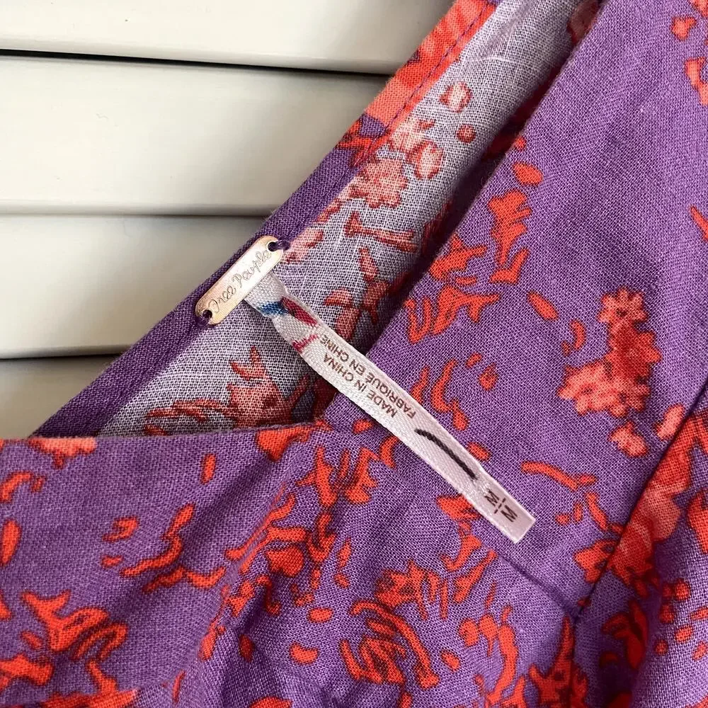 Free People Floral Orchid Purple Linen Blend Tie Back Blouse M Boho Cottagecore
